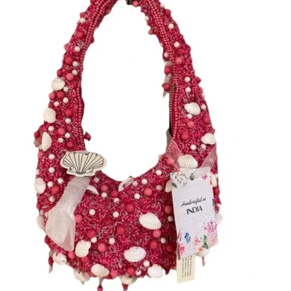 Hot Pink Sea Shell Beaded Boho Bag Handcrafted in India NWT Tik Tok Viral - Picture 1 of 5